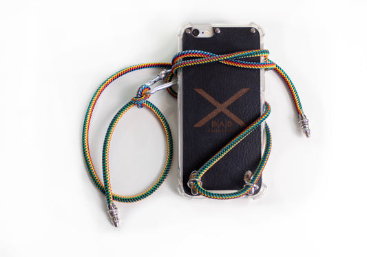 Genuine Full-Grain leather & Silver-Plated Bronze case for iPhone. Adjustable elastic colorful rope Crossbody.- F015