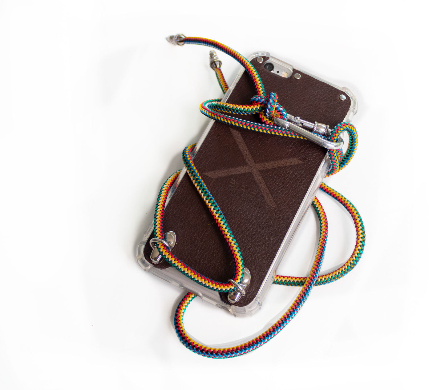 Funda para iPhone de Cuero Full-Grain & Bronce Plateado. Crossbody regulable de Cuerda Elástica Colorida.- F15