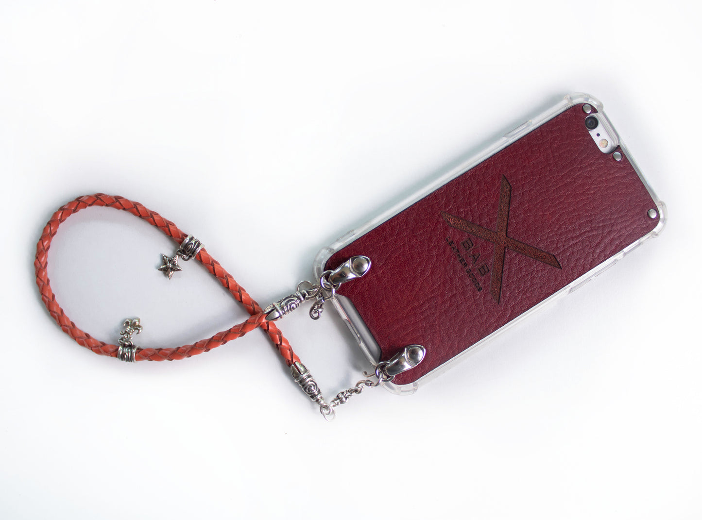 Full-Grain Genuine-tanned Leather & 925 Sterling Silver Case for iPhone. Orange Genuine Leather Bracelet/Choker/Strap 4 hand-braided strands.- F02
