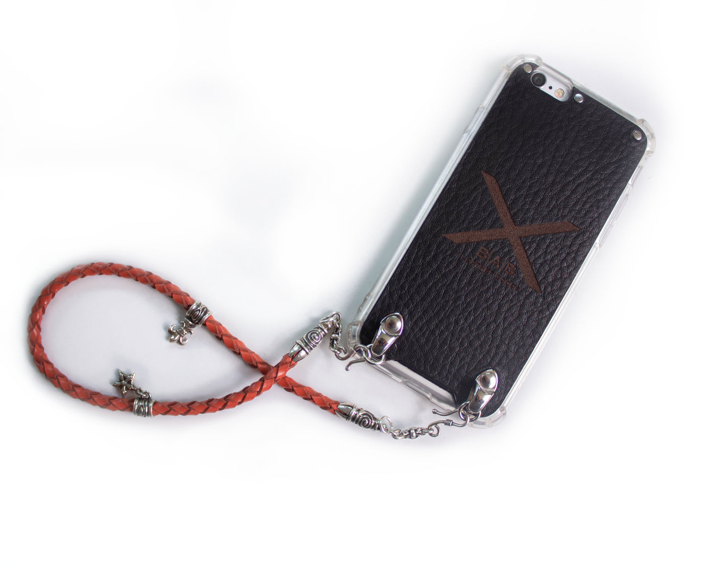 Full-Grain Genuine-tanned Leather & 925 Sterling Silver Case for iPhone. Orange Genuine Leather Bracelet/Choker/Strap 4 hand-braided strands.- F02