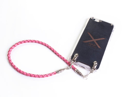 Full-Grain Genuine vegetable-tanned Leather & 925 Sterling Silver Case for iPhone. Pink Genuine Leather Bracelet/Choker/Strap 4 strands hand-braided.- F22