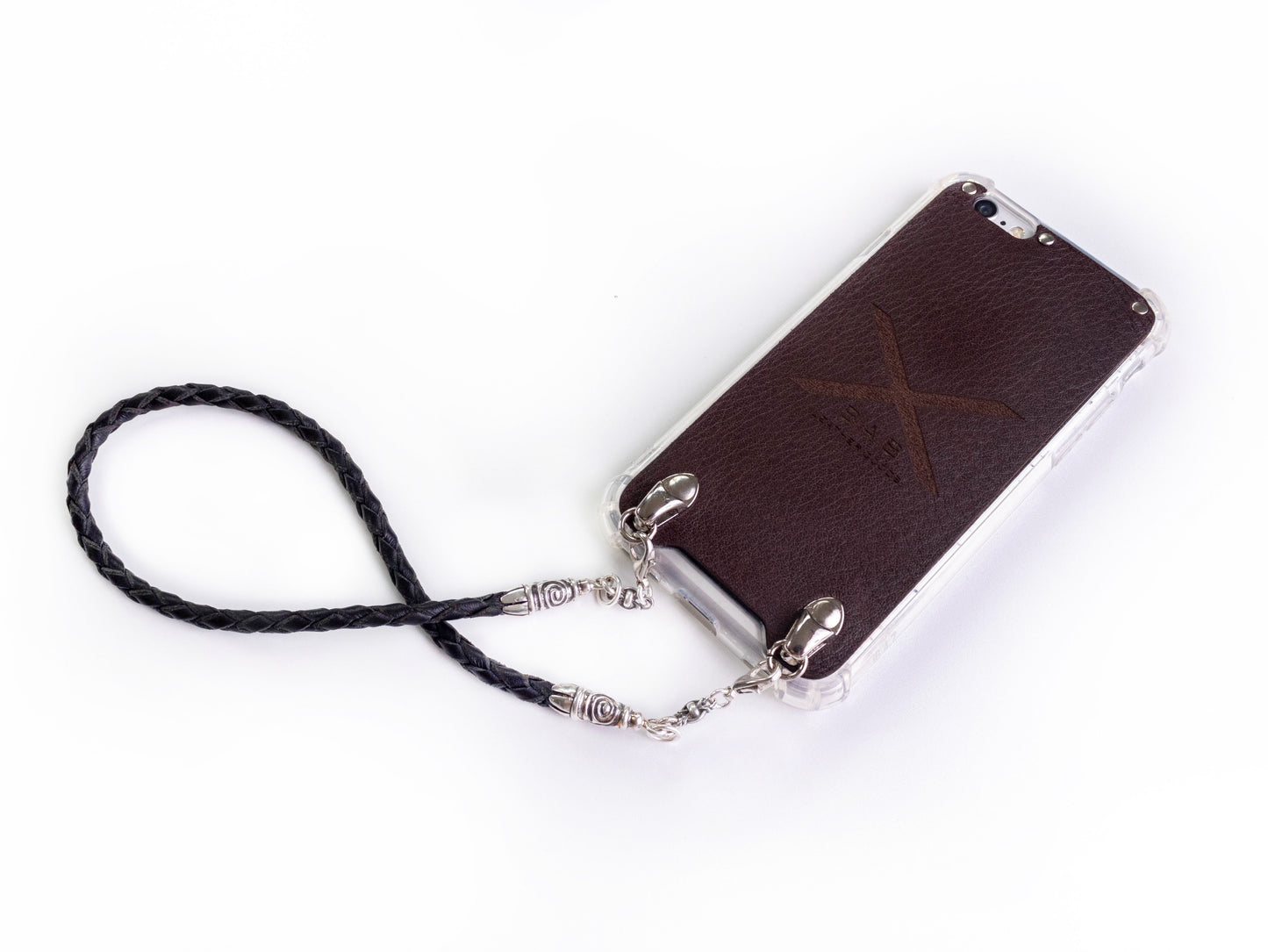 Full-Grain Genuine vegetable-tanned Leather & 925 Sterling Silver Case for iPhone. Black Genuine Leather Bracelet/Choker/Strap 4 strands hand-braided.- F22